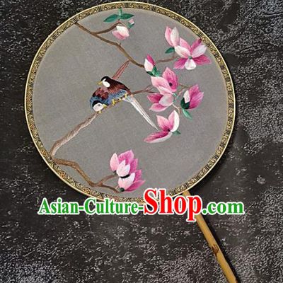 Chinese Traditional Embroidery Mangnolia Birds Palace Fans Handmade Mottled Bamboo Round Fan Embroidered Silk Fan Craft