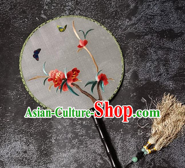 Chinese Traditional Embroidery Red Flower Palace Fans Handmade Round Fan Embroidered Silk Fan Craft Chinese Traditional Embroidery Red Flower Palace Fans Handmade Round Fan Embroidered Silk Fan Craft