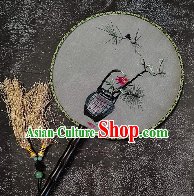 Chinese Traditional Embroidery Pine Vase Palace Fans Handmade Round Fan Embroidered Silk Fan Craft Chinese Traditional Embroidery Pine Vase Palace Fans Handmade Round Fan Embroidered Silk Fan Craft