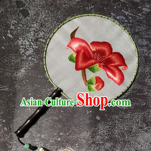 Chinese Traditional Embroidery Palace Fans Handmade Round Fan Embroidered Red Flower Silk Fan Craft Chinese Traditional Embroidery Palace Fans Handmade Round Fan Embroidered Red Flower Silk Fan Craft