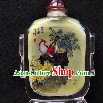 Chinese Handmade Snuff Bottle Traditional Inside Painting Chrysanthemum Birds Snuff Bottles Artware