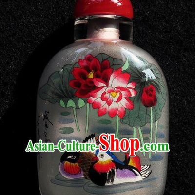 Chinese Handmade Snuff Bottle Traditional Inside Painting Mandarin Duck Lotus Snuff Bottles Artware