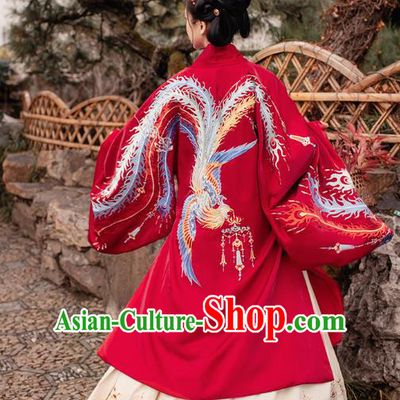 Chinese Ming Dynasty Royal Empress Embroidered Red Costumes Traditional Ancient Court Woman Garment Hanfu Cloak Blouse and Skirt Full Set