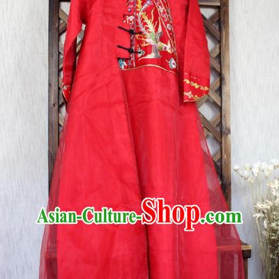 Traditional Chinese Embroidered Phoenix Red Cheongsam National Costume Republic of China Stand Collar Organza Qipao Dress for Women