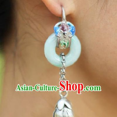 Chinese Handmade Blueing Silver Ear Accessories Traditional Jade Peace Buckle Earrings for Women