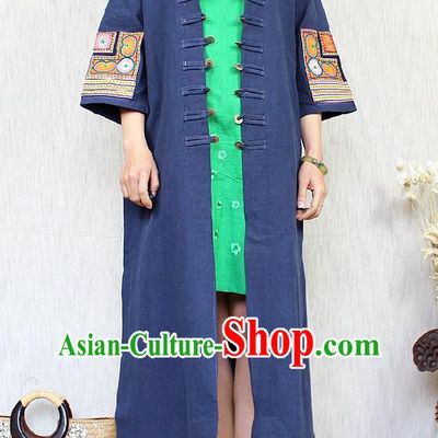 Traditional Chinese Embroidered Navy Flax Dust Coat National Costume Tang Suit Overcoat for Women