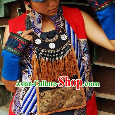 Chinese Handmade Miao Nationality Brown Tassel Necklace Traditional Minority Ethnic Folk Dance Necklet Accessories for Women