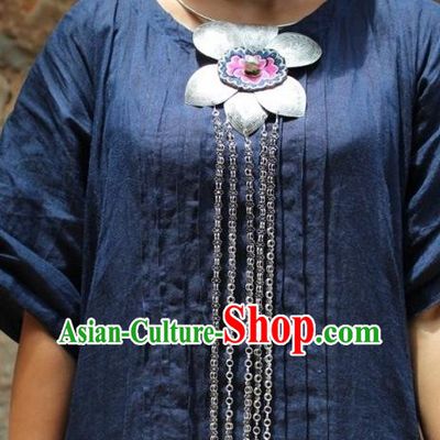 Chinese Handmade Miao Nationality Silver Tassel Necklace Traditional Minority Ethnic Embroidered Necklet Accessories for Women