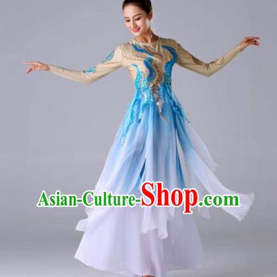 Traditional Chinese Classical Dance Blue Outfits Fan Dance Dress Umbrella Dance Stage Performance Costume for Women