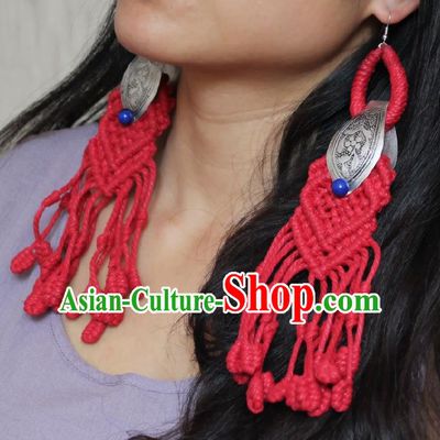 Chinese Handmade Miao Nationality Silver Carving Earrings Traditional Minority Ethnic Red Sennit Ear Accessories for Women