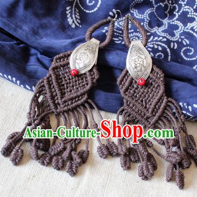 Chinese Handmade Miao Nationality Silver Carving Earrings Traditional Minority Ethnic Brown Sennit Ear Accessories for Women