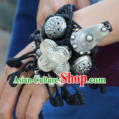 Chinese Handmade Miao Ethnic Silver Bells Wristband Accessories Traditional Minority Black Sennit Bracelet Bangle for Women