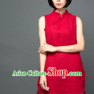 Traditional Chinese Red Flax Short Qipao Dress National Costume Tang Suit Plated Buttons Cheongsam Garment for Women