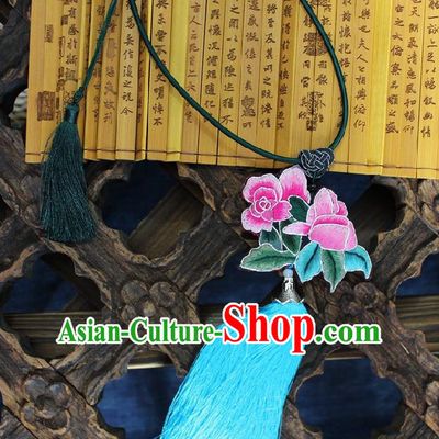 Chinese Handmade Miao Nationality Embroidered Roses Necklet Accessories Traditional Minority Ethnic Blue Tassel Necklace for Women