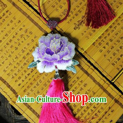 Chinese Handmade Miao Nationality Embroidered Purple Peony Necklet Accessories Traditional Minority Ethnic Rosy Tassel Necklace for Women