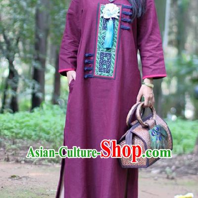 Traditional Chinese Embroidered Wine Red Dress National Costume Tang Suit Gown Garment Cheongsam for Women