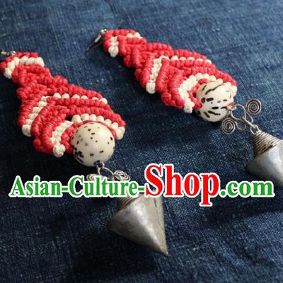 Chinese Handmade Miao Nationality Sennit Red Ear Accessories Traditional Minority Ethnic Silver Cone Earrings for Women