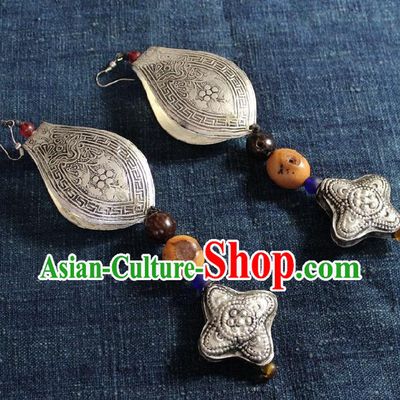 Chinese Handmade Miao Nationality Silver Carving Earrings Traditional Minority Ethnic Ear Accessories for Women