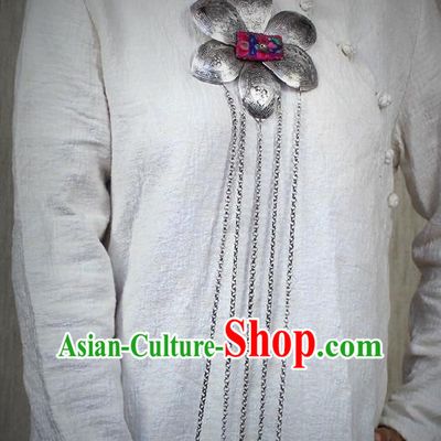 Chinese Handmade Miao Nationality Silver Carving Tassel Necklace Traditional Minority Ethnic Embroidered Necklet Accessories for Women