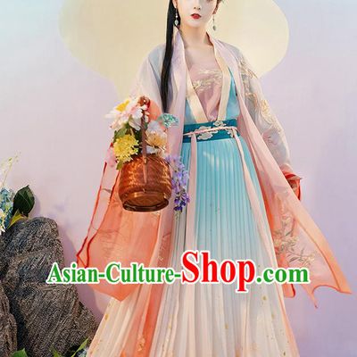 Traditional Chinese Tang Dynasty Noble Woman Hanfu Dress Apparels Ancient Royal Princess Historical Costumes Embroidered Cape Blouse and Skirt Complete Set