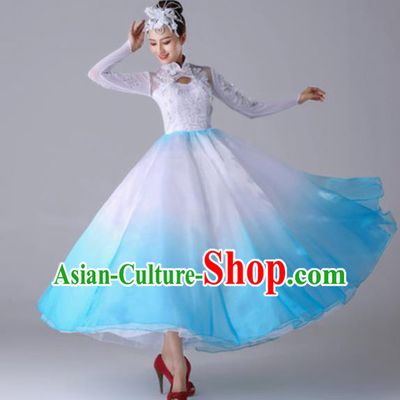 Traditional Chinese Chorus Sing Dance Outfits Classical Dance Blue Dress Opening Dance Stage Performance Costume for Women