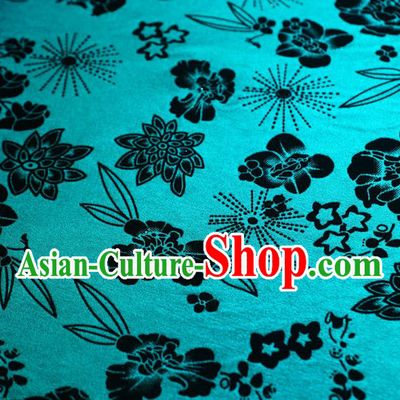 Chinese Traditional Flowers Pattern Design Lake Blue Flocking Fabric Velvet Cloth Asian Pleuche Material