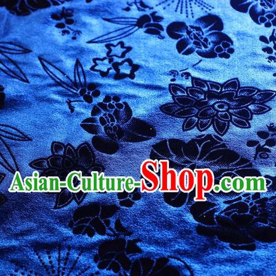 Chinese Traditional Flowers Pattern Design Royalblue Flocking Fabric Velvet Cloth Asian Pleuche Material