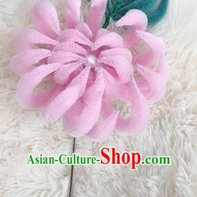 Chinese Traditional Qing Dynasty Imperial Concubine Pink Velvet Chrysanthemum Hairpin Headwear Ancient Manchu Woman Hair Accessories Hair Clip
