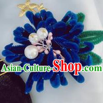 Chinese Traditional Qing Dynasty Imperial Concubine Royalblue Velvet Chrysanthemum Hairpin Headwear Ancient Manchu Woman Hair Accessories Hair Clip