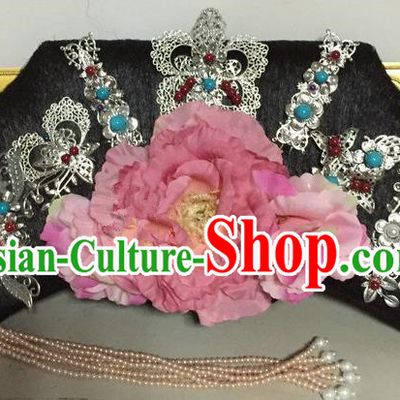 Chinese Traditional Qing Dynasty Queen Pink Peony Hair Accessories Flag Bun Drama Ancient Imperial Concubine Headwear