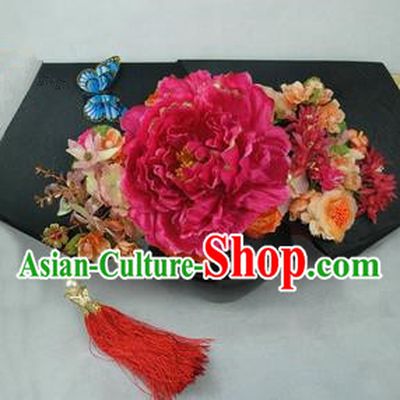 Chinese Traditional Qing Dynasty Queen Hair Accessories Rosy Peony Flag Bun Drama Ancient Imperial Concubine Headwear