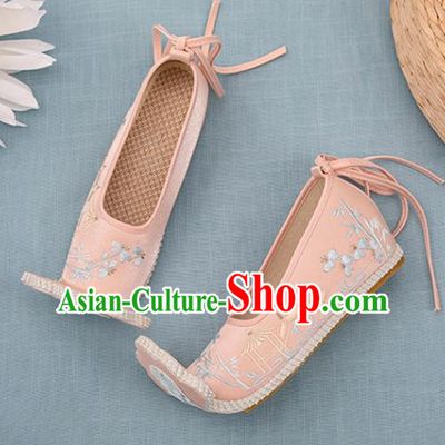 Chinese Ancient Court Women Pink Embroidered Shoes Princess Satin Shoes Handmade Palace Lady Shoes Embroidery Bamboo Bridge Shoes