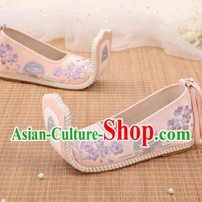 Chinese Ancient Embroidery Plum Blossom Pink Shoes Court Lady Shoes Embroidered Shoes Princess Satin Shoes Handmade Shoes