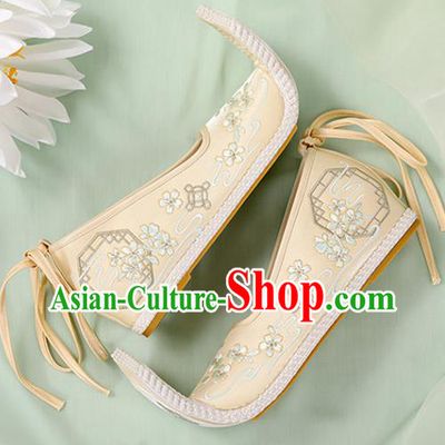 Chinese Ancient Embroidery Plum Blossom Beige Shoes Court Lady Shoes Embroidered Shoes Princess Satin Shoes Handmade Shoes