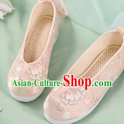 Chinese Traditional National Shoes Pink Cloth Shoes Embroidered Peony Shoes Hanfu Shoes Women Shoes Handmade Shoes