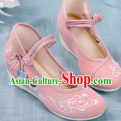 Chinese Traditional National Shoes Pink Cloth Shoes Embroidered Crane Cloud Shoes Hanfu Shoes Women Shoes Increased Within Shoes