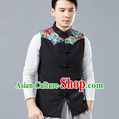 Chinese National Black Vest Traditional Tang Suit Costume Upper Outer Garment Clothing Waistcoat for Men