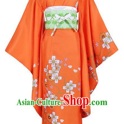 Traditional Japanese Printing Costumes Japan Kimono Cosplay Orange Yukata Dress for Women