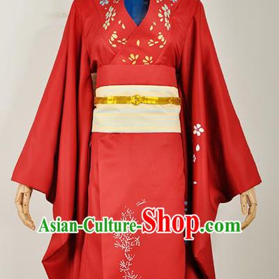Traditional Japanese Court Wedding Costumes Japan Geisha Red Yukata Dress Furisode Kimono and Belt Complete Set for Women