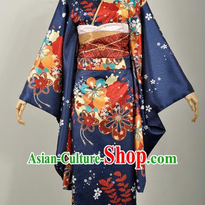 Traditional Japanese Court Silk Costumes Japan Geisha Printing Navy Yukata Dress Furisode Kimono and Belt Complete Set for Women