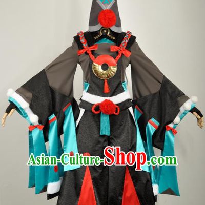 Traditional Japan Cosplay Female Swordsman Black Costumes Japanese Ancient Onmyoji Kimono Clothing and Headwear for Women