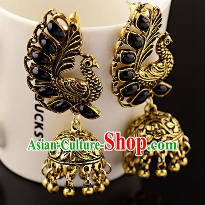 Asian India Traditional Black Gems Peacock Eardrop Asia Indian Bells Tassel Earrings Bollywood Dance Jewelry Accessories for Women