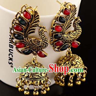 Asian India Traditional Gems Peacock Eardrop Asia Indian Bells Tassel Earrings Bollywood Dance Jewelry Accessories for Women