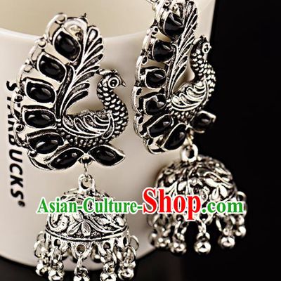 Asian India Traditional Black Gems Argent Peacock Eardrop Asia Indian Bells Tassel Earrings Bollywood Dance Jewelry Accessories for Women