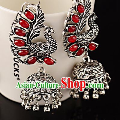 Asian India Traditional Red Gems Argent Peacock Eardrop Asia Indian Bells Tassel Earrings Bollywood Dance Jewelry Accessories for Women