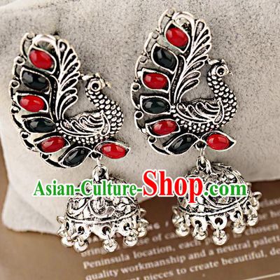 Asian India Traditional Gems Argent Peacock Eardrop Asia Indian Bells Tassel Earrings Bollywood Dance Jewelry Accessories for Women