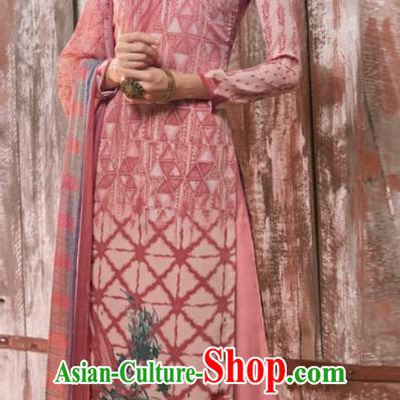 Asian India National Costumes Asia Indian Traditional Printing Pink Crepe Dress Sari and Loose Pants for Women