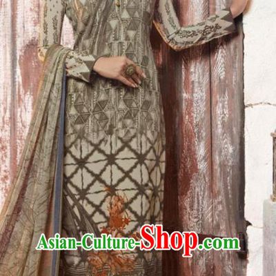 Asian India National Costumes Asia Indian Traditional Printing Beige Crepe Dress Sari and Loose Pants for Women