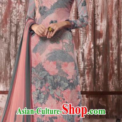 Asian India National Costumes Asia Indian Traditional Printing Leaf Pink Crepe Dress Sari and Loose Pants for Women