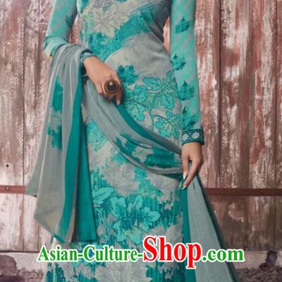 Asian India National Costumes Asia Indian Traditional Printing Leaf Gray Green Crepe Dress Sari and Loose Pants for Women